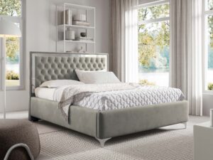 Miniaturka 50 - Łóżko glamour szare z pikowanym zagłówkiem w aranżacji sypialni