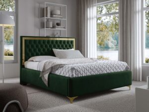Miniaturka 56 - Łóżko glamour zielone ze złotymi akcentami w aranżacji sypialni