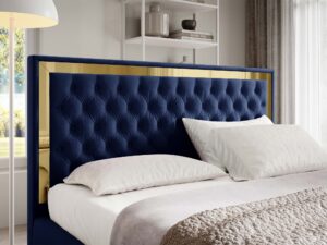 Miniaturka 68 - Detal pikowanego zagłówka łóżka glamour granatowego ze złotą ramą