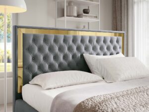 Miniaturka 71 - Pikowany zagłówek łóżka glamour szarozielonego ze złotą ramą zbliżenie