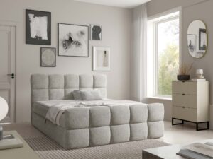 Miniaturka 16 - Jasnoszare łóżko z pikowanym wzorem kostkowym w eleganckiej sypialni