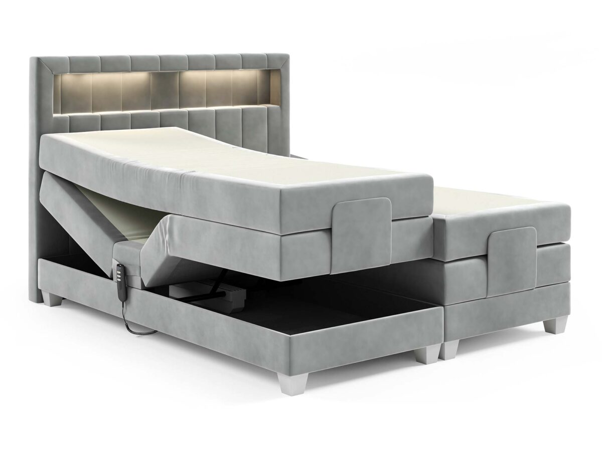 Szare łóżko kontynentalne elektryczne z otwartym pojemnikiem na pościel