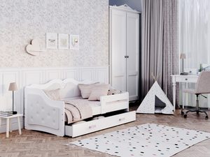 Miniaturka 7 - Łóżko dziecięce białe tapicerowane z otwartą szufladą w pokoju dziewczynki