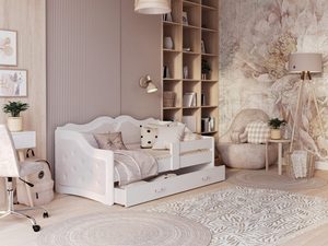 Miniaturka 6 - Białe łóżko dziecięce tapicerowane z pikowanym zagłówkiem w pokoju