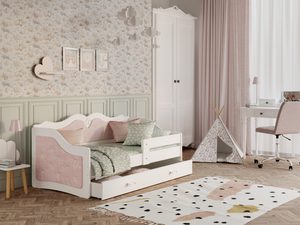 Miniaturka 8 - Różowe łóżko dziecięce tapicerowane z pikowanym zagłówkiem w pokoju dziewczynki