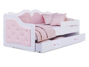 Miniaturka 1 - Łóżko dziecięce pastelowo-różowe tapicerowane z pikowanym zagłówkiem perspektywa
