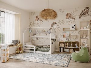 Miniaturka 8 - Białe łóżko dziecięce domek drewniane w pokoju dziecięcym aranżacja