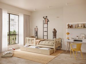 Miniaturka 3 - Sosnowe łóżko dziecięce z szufladą w jasnym pokoju aranżacja