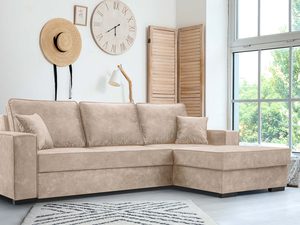 Miniaturka 9 - Beżowy narożnik welurowy w kształcie L z poduszkami w jasnym salonie aranżacja