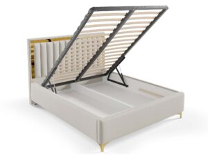 Miniaturka 43 - Tapicerowane łóżko kremowe ze złotą ramką perspektywa