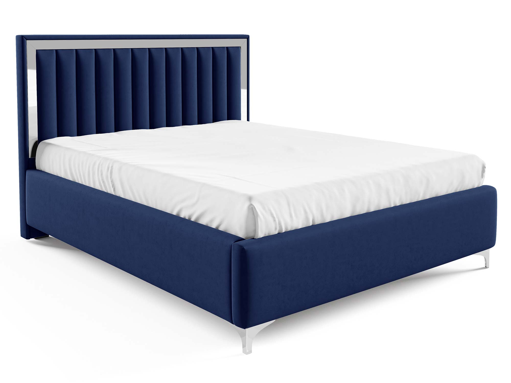 Granatowe łóżko tapicerowane ze srebrnymi detalami widok ukośny