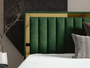 Miniaturka 59 - Tapicerowane łóżko zielone ze złotymi nogami eleganckie