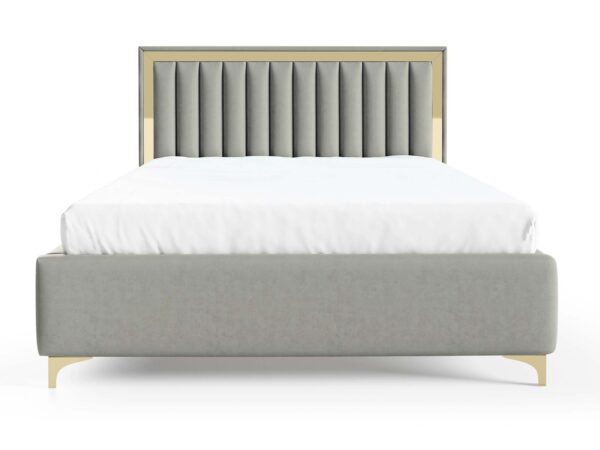 Szare łóżko tapicerowane ze złotą ramką zagłówka