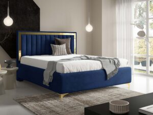 Miniaturka 77 - Granatowe łóżko tapicerowane ze złotą ramką w nowoczesnej sypialni