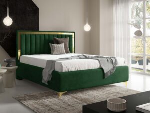 Miniaturka 75 - Zielone łóżko tapicerowane ze złotą ramką w stylowej sypialni
