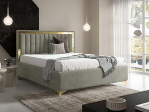 Miniaturka 73 - Szare łóżko tapicerowane ze złotą ramką zagłówka
