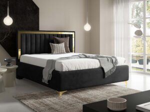 Miniaturka 71 - Różowe łóżko tapicerowane ze złotą ramką w nowoczesnej sypialni