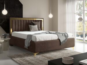 Miniaturka 79 - Brązowe łóżko tapicerowane ze złotą ramką zagłówka