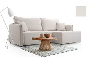 Miniaturka 15 - Beżowy narożnik tapicerowany w kształcie L ze stolikiem dębowym aranżacja