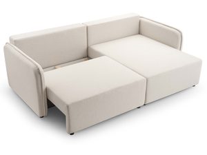 Miniaturka 2 - Beżowy narożnik tapicerowany w kształcie L rozłożony z pojemnikiem