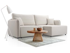 Miniaturka 10 - Beżowy narożnik tapicerowany w kształcie L ze stolikiem dębowym aranżacja