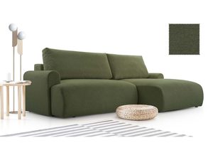 Miniaturka 15 - Oliwkowy narożnik tapicerowany nowoczesny z szezlongiem i lampą aranżacja