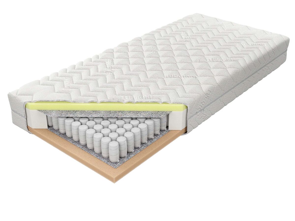 Materac siedmiostrefowy z widocznym przekrojem warstw na białym tle miniatura Materac siedmiostrefowy z widocznym przekrojem warstw na białym tle miniatura