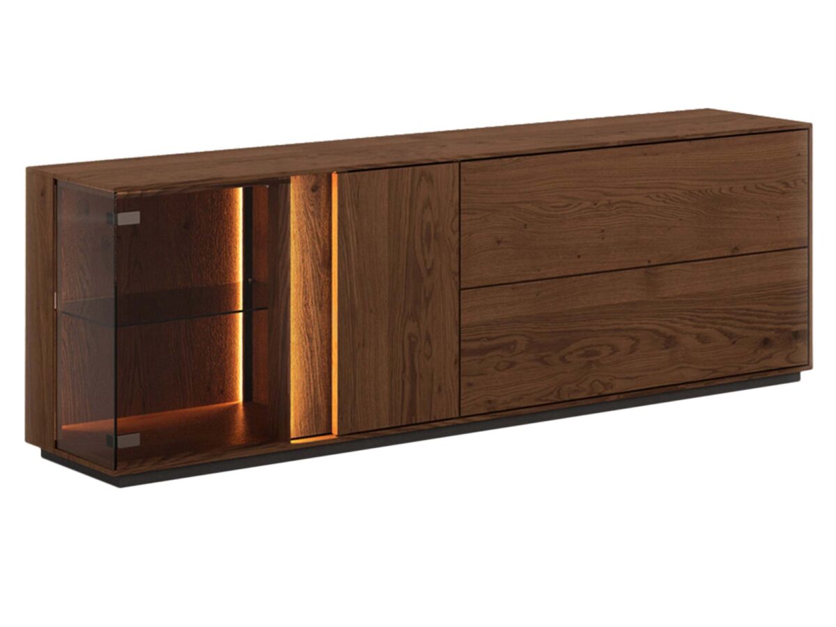 Komoda tabacco z witrynką szklaną i podświetleniem LED na białym tle miniatura Komoda tabacco z witrynką szklaną i podświetleniem LED na białym tle miniatura