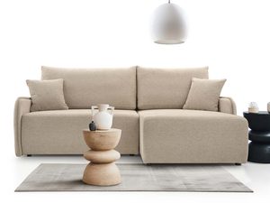 Miniaturka 7 - Beżowy narożnik tapicerowany w kształcie L z poduszkami i lampą aranżacja