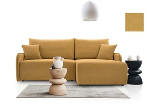 Miniaturka 11 - Musztardowy narożnik tapicerowany w kształcie L z poduszkami aranżacja
