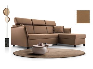 Miniaturka 10 - Brązowy narożnik tapicerowany w kształcie L prawy z lampą i stolikami aranżacja