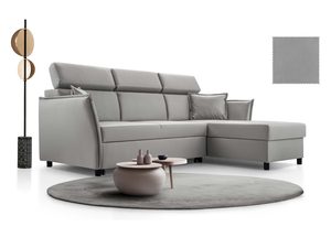 Miniaturka 9 - Szary narożnik tapicerowany w kształcie L prawy z lampą i stolikami aranżacja