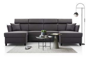 Miniaturka 16 - Szary narożnik welurowy w kształcie U z regulowanymi zagłówkami i lampą aranżacja