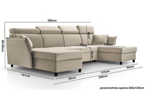 Miniaturka 17 - Beżowy narożnik welurowy w kształcie U z regulowanymi zagłówkami wymiary schemat