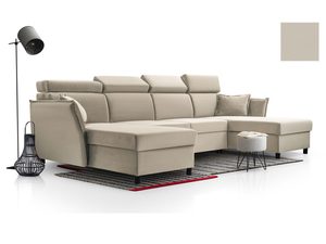 Miniaturka 11 - Beżowy narożnik welurowy w kształcie U z regulowanymi zagłówkami i lampą aranżacja