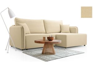 Miniaturka 14 - Kremowy narożnik tapicerowany w kształcie L ze stolikiem dębowym aranżacja