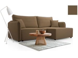 Miniaturka 13 - Oliwkowy narożnik tapicerowany w kształcie L ze stolikiem dębowym aranżacja