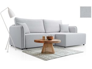 Miniaturka 12 - Jasnoszary narożnik tapicerowany w kształcie L ze stolikiem dębowym aranżacja