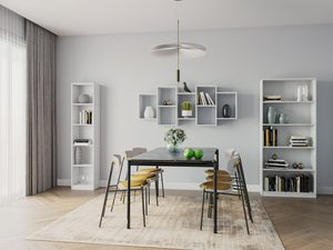 Miniaturka 2 - Aranżacja jadalni z białymi regałami i stołem z krzesłami