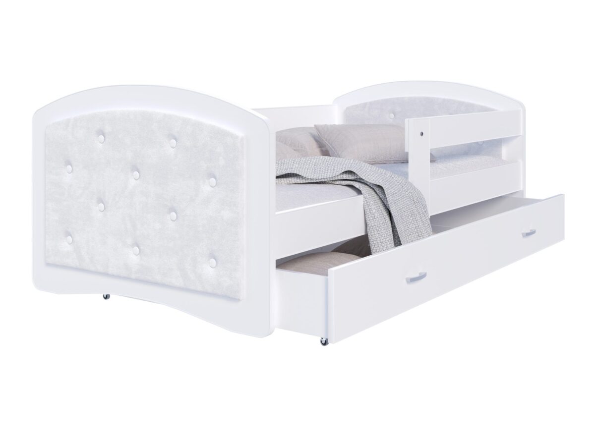 Łóżko dziecięce Mia 1608 G białe tapicerowane z szufladą