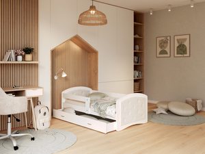 Miniaturka 3 - Białe łóżko dziecięce z pikowanym zagłówkiem i szufladą w nowoczesnym pokoju
