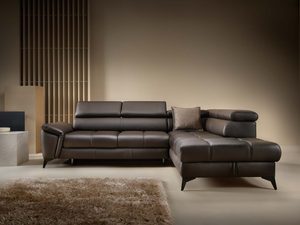 Miniaturka 10 - Narożnik skórzany brązowy z szezlongiem w eleganckim wnętrzu