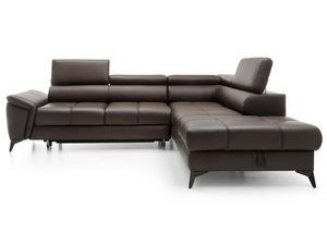 Miniaturka 2 - Narożnik skórzany brązowy z szezlongiem i zagłówkami perspektywa