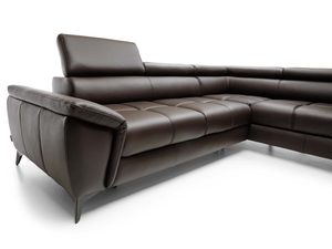 Miniaturka 9 - Brązowy narożnik skórzany detal podłokietnika i siedziska zbliżenie