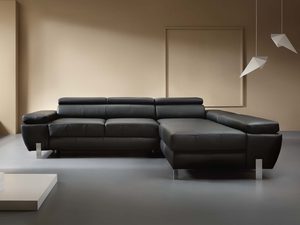 Miniaturka 18 - Narożnik grafitowy skórzany bez poduszek szezlong z zagłówkiem aranżacja