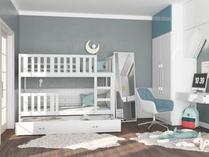 Miniaturka 7 - Łóżko piętrowe białe z białą szufladą w szarym pokoju aranżacja