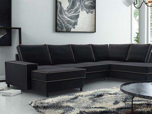 Miniaturka 10 - Narożnik tapicerowany grafitowy z beżowymi lamówkami w nowoczesnym salonie lewy aranżacja