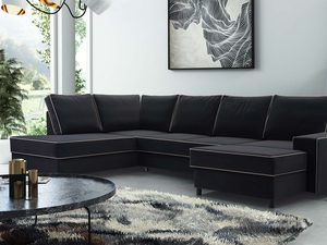 Miniaturka 11 - Grafitowy narożnik tapicerowany z beżowymi lamówkami w salonie z obrazem prawy aranżacja