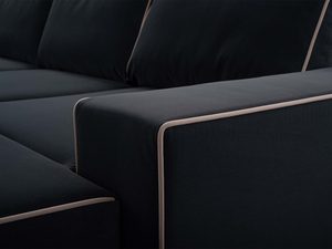 Miniaturka 12 - Detal narożnika tapicerowanego grafitowego z beżową lamówką faktura tkaniny zbliżenie