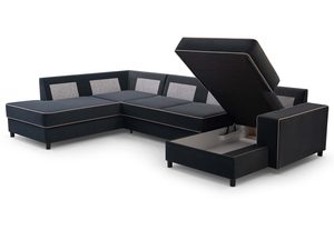 Miniaturka 4 - Grafitowy narożnik tapicerowany z beżowymi lamówkami otwarty pojemnik na pościel